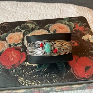 New, Silver Cuff Bracelet with Red and Turquoise Accents